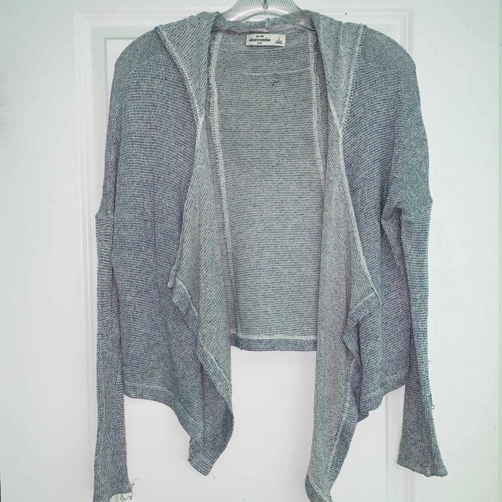 Blue and White Knit Hooded Cardigan